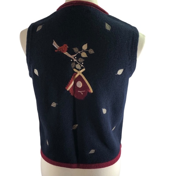 Vintage Y2K Ramie Cotton Embroidered Knit Vest Sz S Navy Wine Cat Bird Novelty - Picture 6 of 11